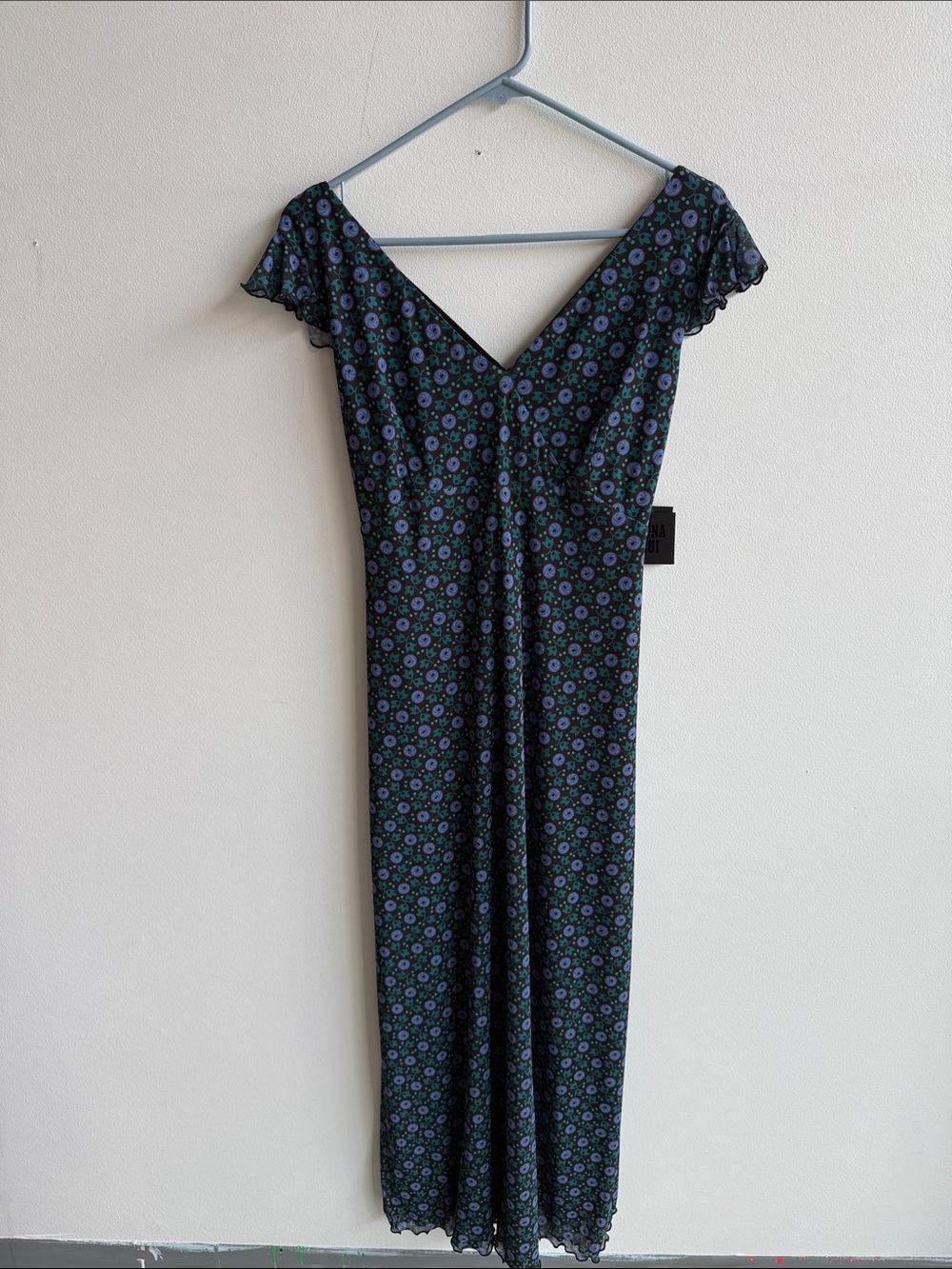 Anna Sui Black Maxi Dress with Blue Floral Print